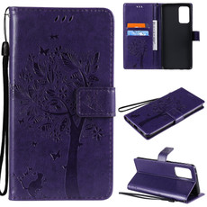 For Samsung Galaxy A72 5G Tree & Cat Pattern Pressed Printing Horizontal Flip PU Leather Case with Holder & Card Slots & Wallet & Lanyard(Purple)