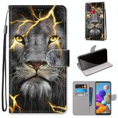 For Samsung Galaxy A21s Coloured Drawing Cross Texture Horizontal Flip PU Leather Case with Holder & Card Slots & Wallet & Lanyard(Fission Lion)