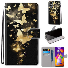 For Samsung Galaxy M31s Coloured Drawing Cross Texture Horizontal Flip PU Leather Case with Holder & Card Slots & Wallet & Lanyard(Golden Butterfly Group)