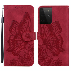 For Samsung Galaxy S21 Ultra  5G Retro Skin Feel Butterflies Embossing Horizontal Flip Leather Case with Holder & Card Slots & Wallet(Red)