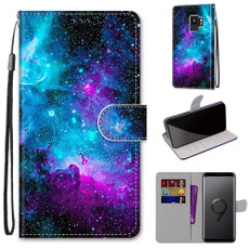 For Samsung Galaxy S9 Coloured Drawing Cross Texture Horizontal Flip PU Leather Case with Holder & Card Slots & Wallet & Lanyard(Purple Green Starry Sky)