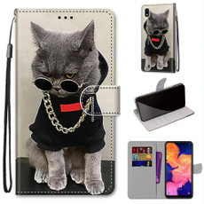 For Samsung Galaxy A10 Coloured Drawing Cross Texture Horizontal Flip PU Leather Case with Holder & Card Slots & Wallet & Lanyard(Golden Chain Grey Cat)