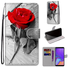 For Samsung Galaxy A9 2018 Coloured Drawing Cross Texture Horizontal Flip PU Leather Case with Holder & Card Slots & Wallet & Lanyard(Red Rose On Wooden)