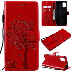 For Samsung Galaxy M51 Tree & Cat Pattern Pressed Printing Horizontal Flip PU Leather Case with Holder & Card Slots & Wallet & Lanyard(Red)