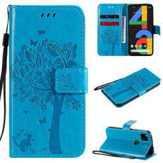 For Google Pixel 4a 4G Tree & Cat Embossed Pattern Horizontal Flip Leather Case with Holder & Card Slots & Wallet & Lanyard(Blue)