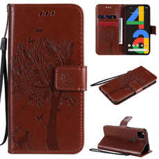 For Google Pixel 4a 4G Tree & Cat Embossed Pattern Horizontal Flip Leather Case with Holder & Card Slots & Wallet & Lanyard(Coffee)