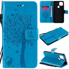 For Google Pixel 4a 5G / Pixel 5 XL Tree & Cat Embossed Pattern Horizontal Flip Leather Case with Holder & Card Slots & Wallet & Lanyard(Blue)