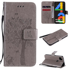 For Google Pixel 4a 4G Tree & Cat Embossed Pattern Horizontal Flip Leather Case with Holder & Card Slots & Wallet & Lanyard(Grey)