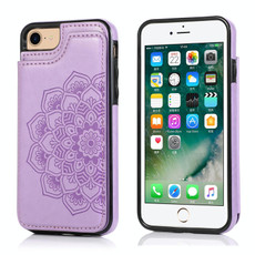 For iPhone SE 2022 / SE 2020 / 8 / 7 Double Buckle Mandala Pattern PU+TPU Protective Case with Card Slots & Holder & Photo Frame(Purple)