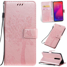 Tree & Cat Pattern Pressed Printing Horizontal Flip PU Leather Case with Holder & Card Slots & Wallet & Lanyard For Xiaomi Mi 9T & Mi 9T Pro & Redmi K20 & K20 Pro(Rose Gold)