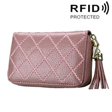 Genuine Cowhide Leather Grid Texture Zipper Card Holder Wallet RFID Blocking Card Bag Protect Case Coin Purse with Tassel Pendant & 15 Card Slots for Women, Size: 11.1*7.9*3.5cm Genuine Cowhide Leather Grid Texture Zipper Card Holder Wallet RFID Blocking Card Bag Protect Case Coin Purse with Tassel Pendant & 15 Card Slots for Women, Size: 11.1*7.9*3.5cm