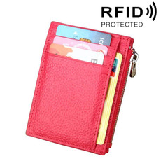 Cowhide Leather Solid Color Zipper Card Holder Wallet RFID Blocking Coin Purse Card Bag Protect Case, Size: 11*8*1.5cm (Magenta)