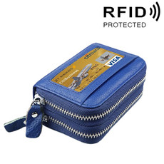 Genuine Cowhide Leather Dual Layer Solid Color Zipper Card Holder Wallet RFID Blocking Coin Purse Card Bag Protective Case with 11 Card Slots & Coin Position, Size: 11*7.5*4.5cm(Blue)