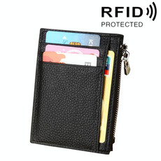 Cowhide Leather Solid Color Zipper Card Holder Wallet RFID Blocking Coin Purse Card Bag Protect Case, Size: 11*8*1.5cm (Black)