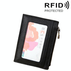 Cowhide Leather Solid Color Zipper Card Holder Wallet RFID Blocking Card Bag Protect Case Coin Purse, Size: 11*8*1.5cm(Black)