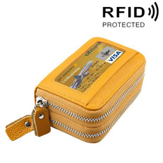 Genuine Cowhide Leather Dual Layer Solid Color Zipper Card Holder Wallet RFID Blocking Coin Purse Card Bag Protective Case with 11 Card Slots & Coin Position, Size: 11*7.5*4.5cm(Yellow)