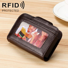 KB188 Horizontal Cowhide Leather Organ Shape Multiple Card Slots Anti-magnetic RFID Wallet for Ladies, with Transparent Window(Coffee)