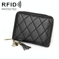 KB213 Diamond Texture Zipper Cowhide Leather Double Row Organ Shape Multiple Card Slots Anti-magnetic RFID Wallet Clutch Bag for Ladies (Black)