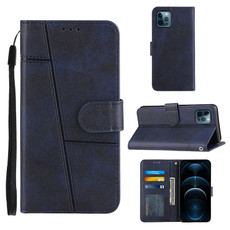 For iPhone 12 Pro Max Stitching Calf Texture Buckle Horizontal Flip Leather Case with Holder & Card Slots & Wallet & Lanyard(Blue)