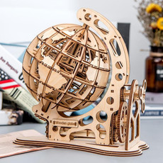 Wooden Mechanical Transmission Model Globe Office Ornaments Children Puzzle Assembly Toys(Mechanical Globe)