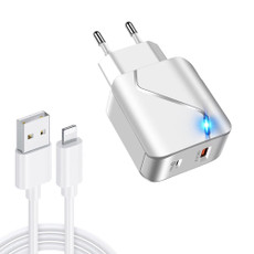 LZ-819A+C 18W QC3.0 USB + PD USB-C / Type-C Interface Travel Charger with Indicator Light + USB to 8 Pin Fast Charging Data Cable Set, EU Plug(White)