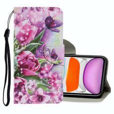 For iPhone 11 Coloured Drawing Pattern Horizontal Flip PU Leather Case with Holder & Card Slots & Wallet & Lanyard (Rose Butterfly)