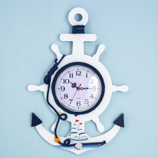 Mediterranean Style Blue And White Rudder Clock Wall Clock Home Living Room Bedroom Decoration Wooden Crafts, Style:Sailing