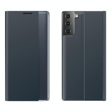 For Samsung Galaxy S22 5G Side Display Magnetic Flip Plain Cloth + PC Case with Holder & Sleep / Wake-up Function(Dark Blue)