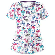 Printed Round Neck Slim-fit Nurse Uniform T-shirt (Color:White Size:S)