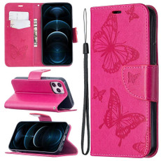 For iPhone 12 Pro Max Embossing Two Butterflies Pattern Horizontal Flip PU Leather Case with Holder & Card Slot & Wallet & Lanyard(Rose Red)