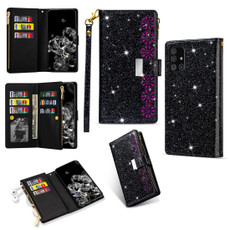 For Samsung Galaxy A51 Multi-card Slots Starry Sky Laser Carving Glitter Zipper Horizontal Flip Leather Case with Holder & Wallet & Lanyard(Black)