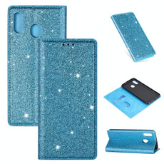 For Samsung Galaxy A20e Ultrathin Glitter Magnetic Horizontal Flip Leather Case with Holder & Card Slots(Sky Blue)