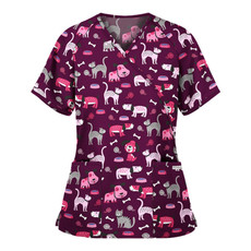 Printed V-neck Mid-length Nurse Uniform T-shirt (Color:Purple Size:L)