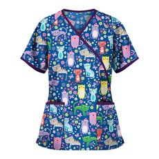Printed V-neck Mid-length Nurse Uniform T-shirt (Color:Blue Size:M)