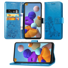 For Samsung Galaxy A21s Lucky Clover Pressed Flowers Pattern Leather Case with Holder & Card Slots & Wallet & Hand Strap(Blue)