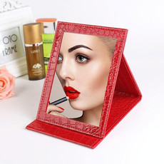 2 PCS Square Stand Leather Make Up Mirror Alligator Pattern Portable Cosmetic Mirror, Color:Red, Size:L 18x25.5x1.6CM