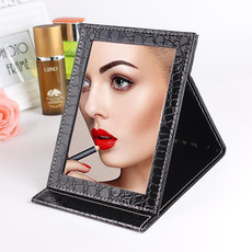 2 PCS Square Stand Leather Make Up Mirror Alligator Pattern Portable Cosmetic Mirror, Color:Black, Size:M15x20.5x1.6CM
