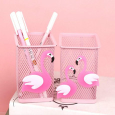 Cartoon Pink Metal Hollow Penholder Square Stationery Storage Box Manage Case Pencil Pen Holder Stand(Double Flamingo)