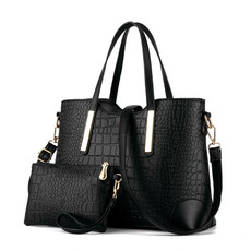 2 in 1 Vintage Messenger Bags Shoulder Handbag Women Crocodile Pattern Composite Bag Leather Wallet(Black)