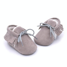 Baby Moccasins Shoes Fringe Soft Soled Non-slip Footwear Crib Shoes PU Suede Leather First Walker Shoes(Grey)