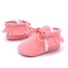 Baby Moccasins Shoes Fringe Soft Soled Non-slip Footwear Crib Shoes PU Suede Leather First Walker Shoes(Pink)