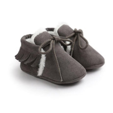 Baby Moccasins Shoes Fringe Soft Soled Non-slip Footwear Crib Shoes PU Suede Leather First Walker Shoes(Dark Grey)