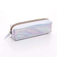 Iridescent Laser Pencil Case PU School Stationery Gift Cute Pencil Box(Silver)