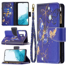 For Samsung Galaxy S22 5G Colored Drawing Pattern Zipper Horizontal Flip Phone Leather Case with Holder & Card Slots & Wallet(Purple Butterfly)