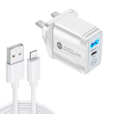 PD25W USB-C / Type-C + QC3.0 USB Dual Ports Fast Charger with USB to 8 Pin Data Cable, UK Plug(White)