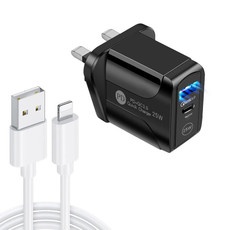 PD25W USB-C / Type-C + QC3.0 USB Dual Ports Fast Charger with USB to 8 Pin Data Cable, UK Plug(Black)