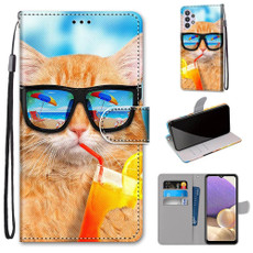 For Samsung Galaxy A32 5G Coloured Drawing Cross Texture Horizontal Flip PU Leather Case with Holder & Card Slots & Wallet & Lanyard(Cat Drinking Soda)