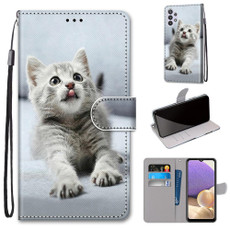 For Samsung Galaxy A32 5G Coloured Drawing Cross Texture Horizontal Flip PU Leather Case with Holder & Card Slots & Wallet & Lanyard(Small Gray Cat)