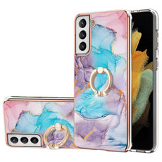 For Samsung Galaxy S21+ 5G Electroplating Pattern IMD TPU Shockproof Case with Rhinestone Ring Holder(Milky Way Blue Marble)