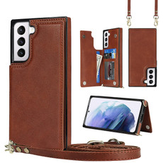 For Samsung Galaxy S21 5G Cross-body Square Double Buckle Flip Card Bag TPU+PU Case with Card Slots & Wallet & Photo & Strap(Brown)